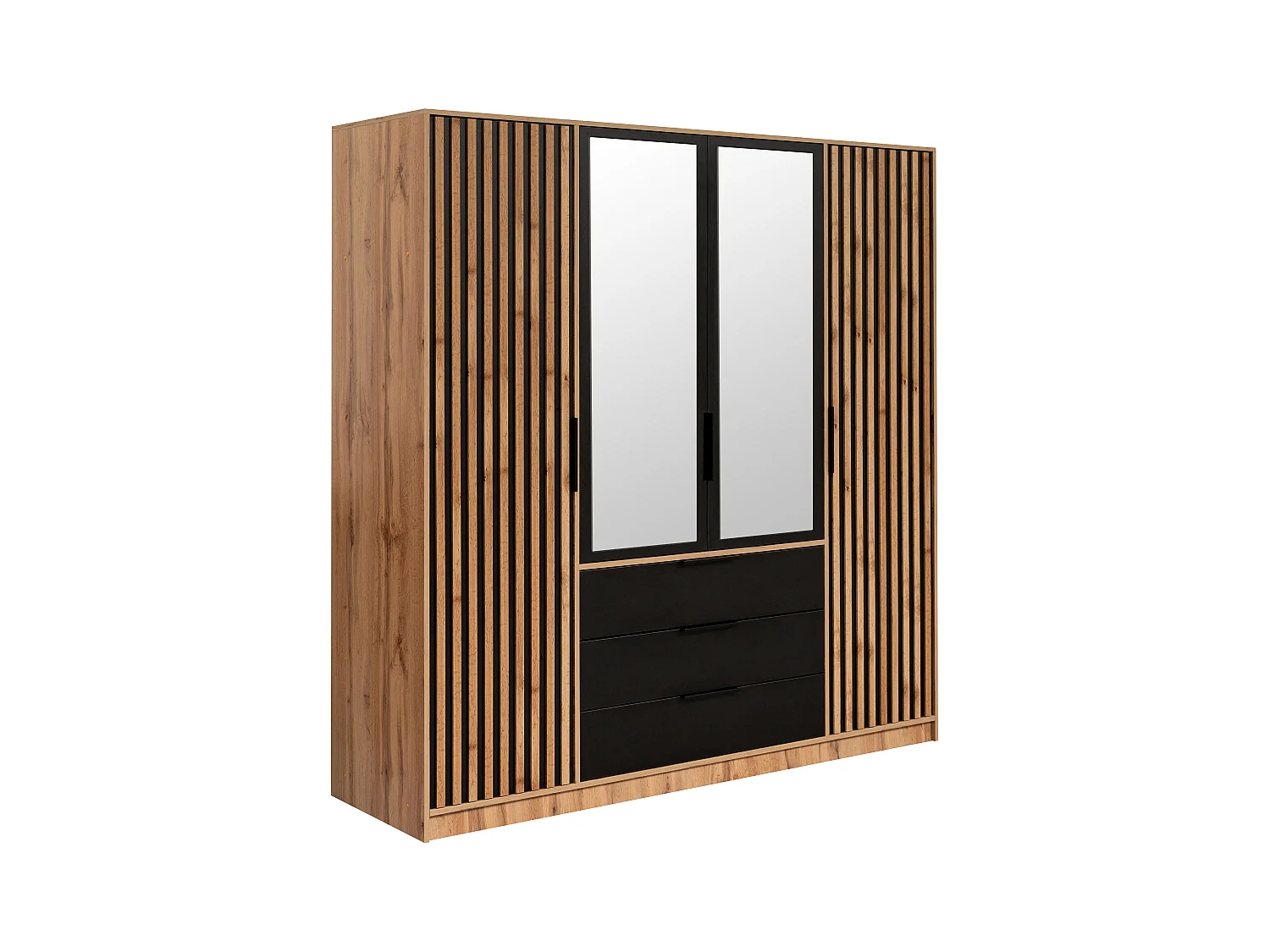 Armoire 4 portes et 3 tiroirs - Avec miroir - L196 cm - Coloris : Naturel et noir - LIRMADA