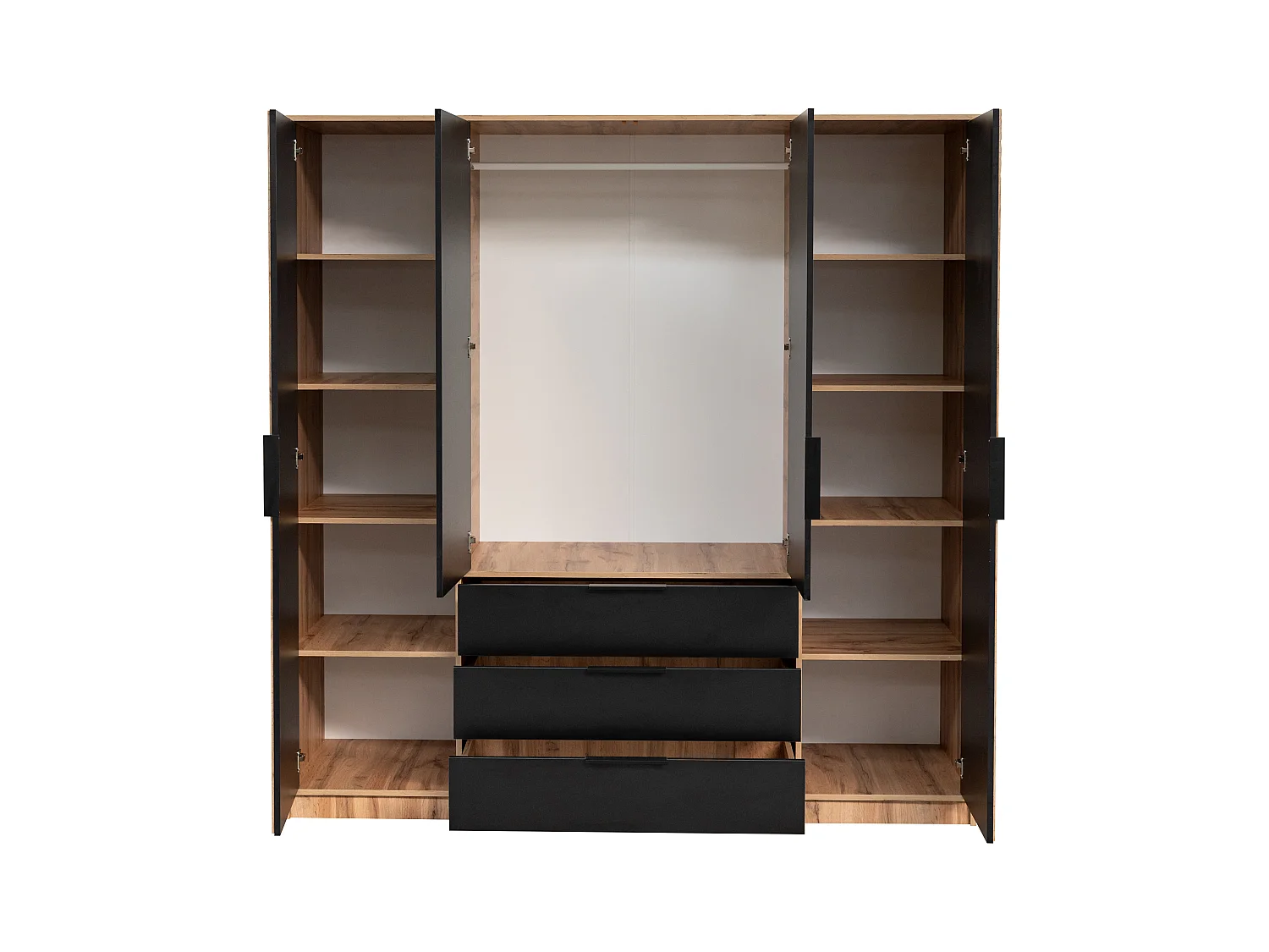 Armoire 4 portes et 3 tiroirs - Avec miroir - L196 cm - Coloris : Naturel et noir - LIRMADA