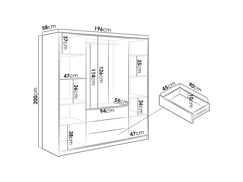 Armoire 4 portes et 3 tiroirs - Avec miroir - L196 cm - Coloris : Naturel et noir - LIRMADA