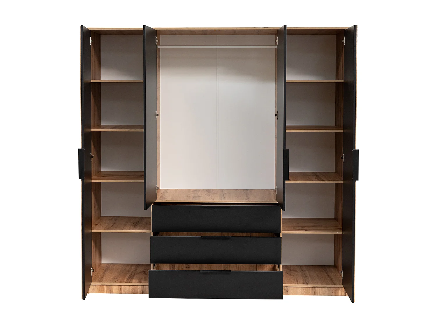 Armadio 4 ante e 3 cassetti Con specchio L196 cm Naturale e Nero  - LIRMADA