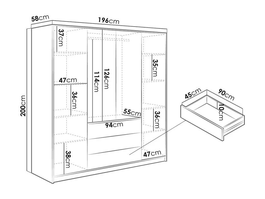 Armadio 4 ante e 3 cassetti Con specchio L196 cm Naturale e Nero  - LIRMADA