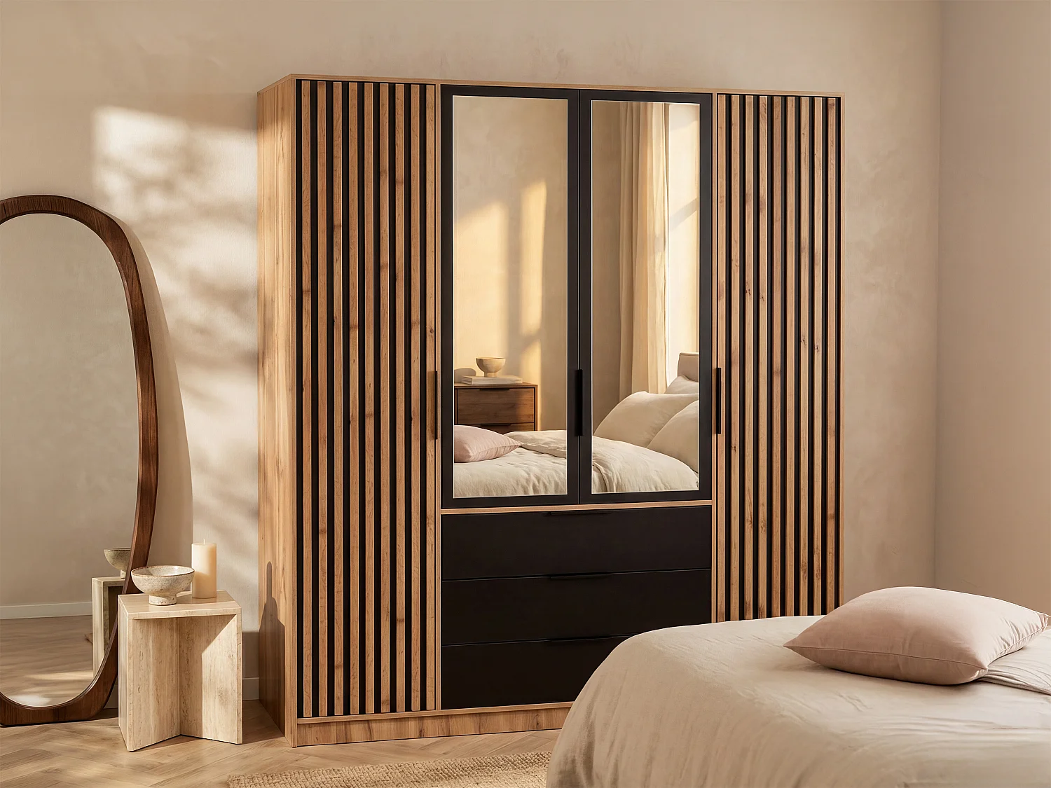 4 - Door 3 - Drawer Wardrobe with Mirror - W196 cm - Colour: Natural and Black - LIRMADA