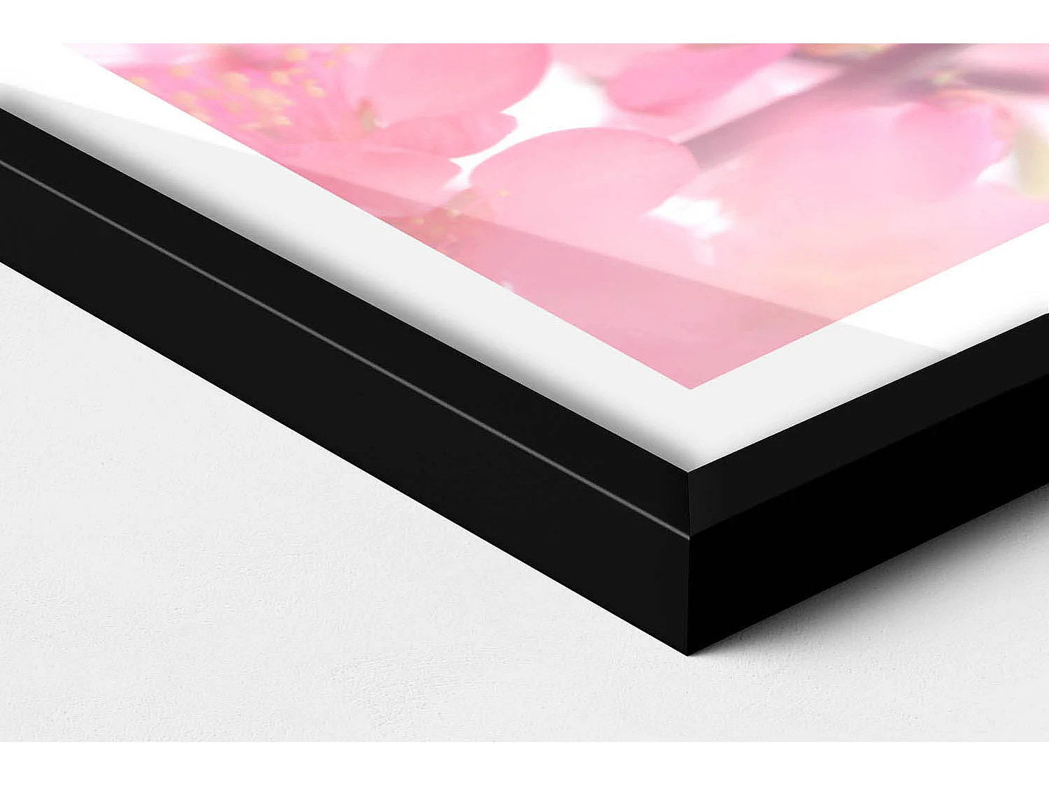 Dekoratives Gemälde mit schwarzem Rahmen, Rosa Frühlingsblumen auf den Zweigen 60 x 40 cm – Perfekt für das Wohn- oder Schlafzimmer