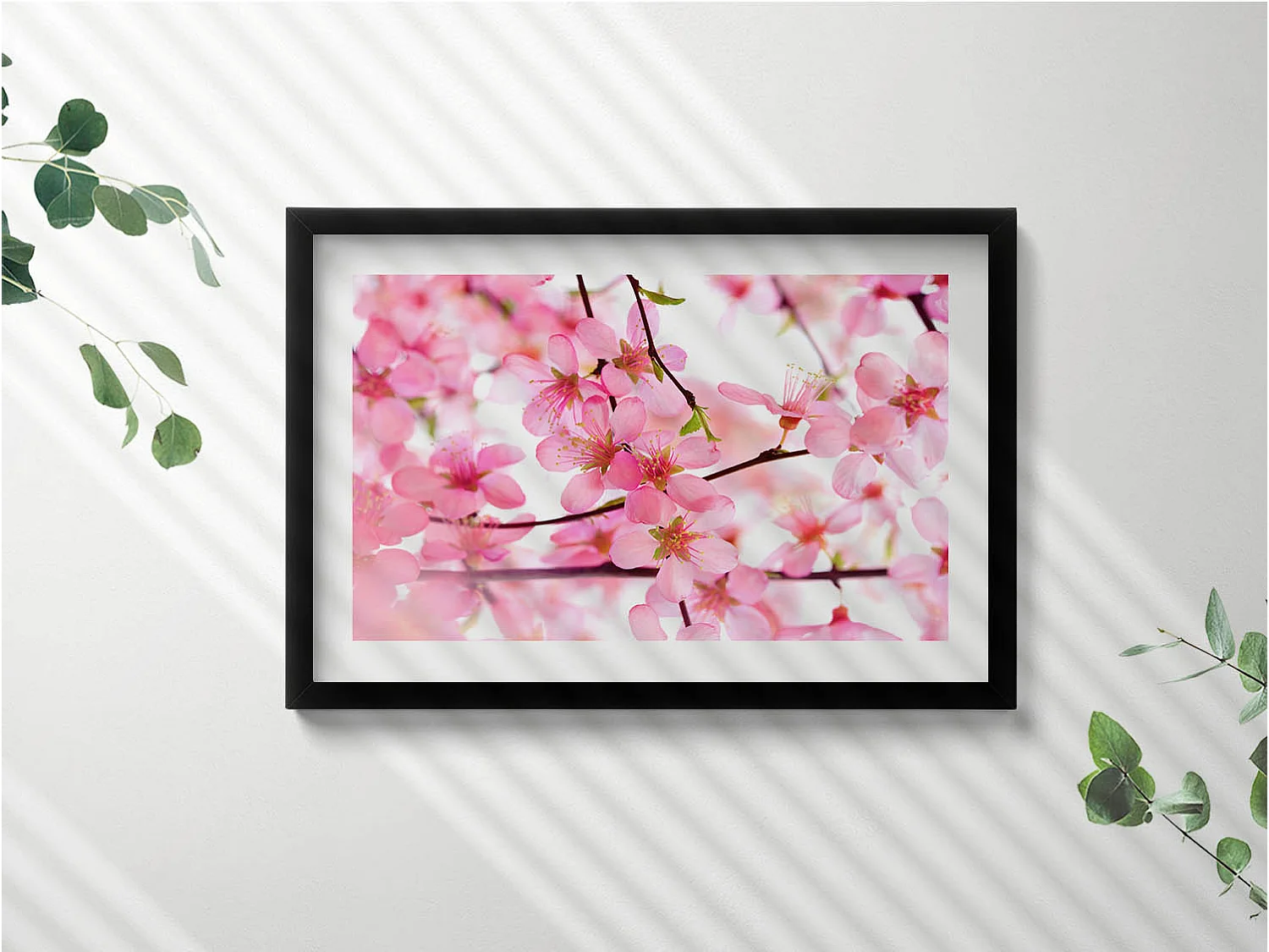 Decoratief schilderij met zwarte lijst, Roze lentebloemen op de takken 60 x 40 cm – Perfect voor de woon- of slaapkamer