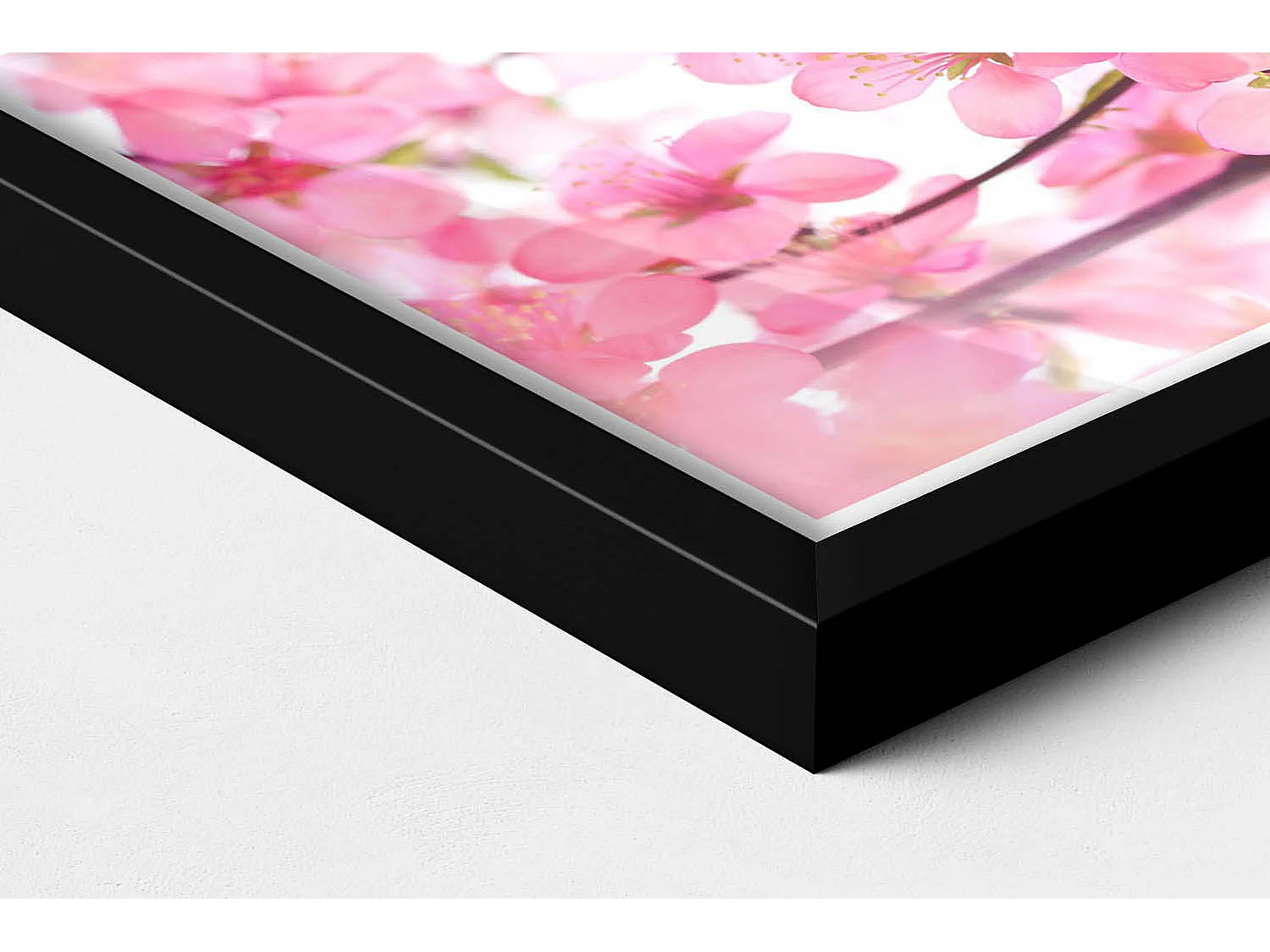 Dekoratives Gemälde mit schwarzem Rahmen, Rosa Frühlingsblumen auf Zweigen 30 x 20 cm – Perfekt für das Wohn- oder Schlafzimmer