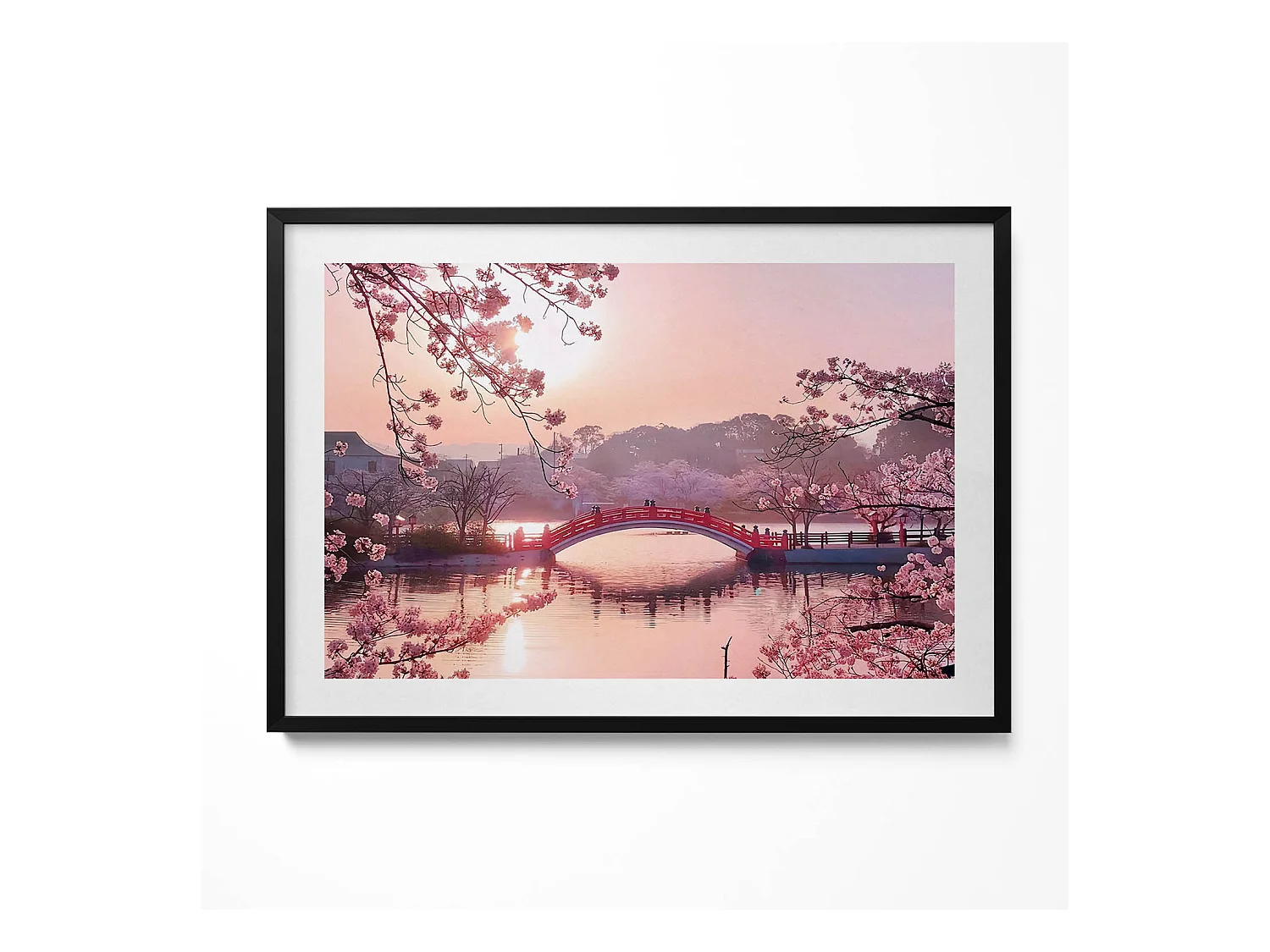 Tableau décoratif avec cadre noir, Fleurs de cerisier et pont - style japonais 100 x 70 cm– Parfait pour le salon ou la chambre