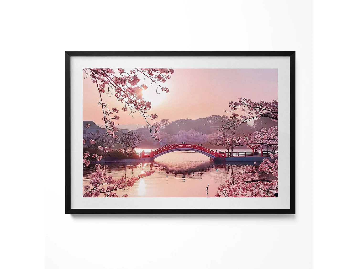 Dekoratives Gemälde mit schwarzem Rahmen, Kirschblüten und Brücke – japanischer Stil 100 x 70 cm – perfekt für das Wohn- oder Schlafzimmer