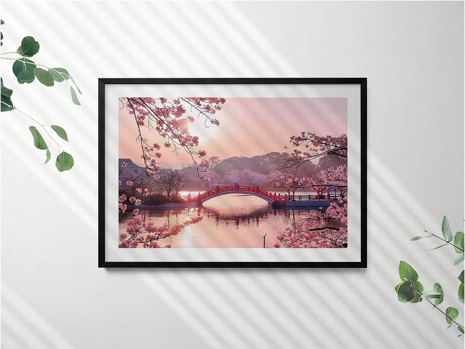 Dekoratives Gemälde mit schwarzem Rahmen, Kirschblüten und Brücke – japanischer Stil 100 x 70 cm – perfekt für das Wohn- oder Schlafzimmer