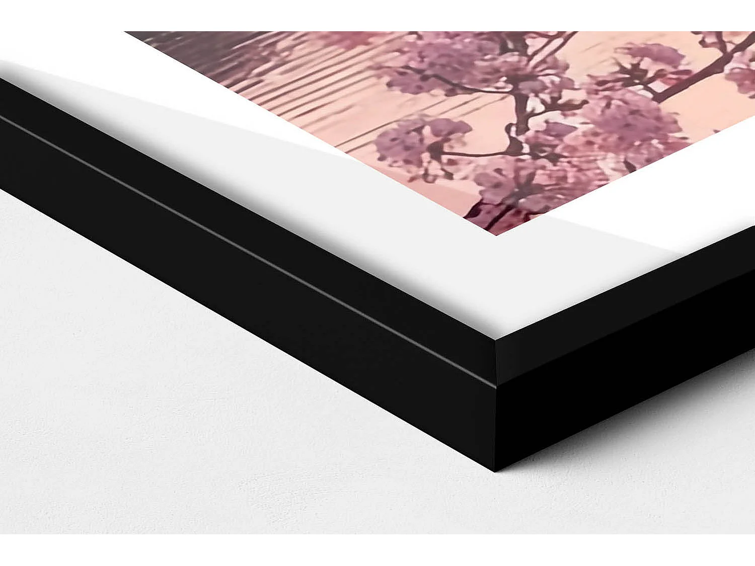 Dekoratives Gemälde mit schwarzem Rahmen, Kirschblüten und Brücke – japanischer Stil 100 x 70 cm – perfekt für das Wohn- oder Schlafzimmer