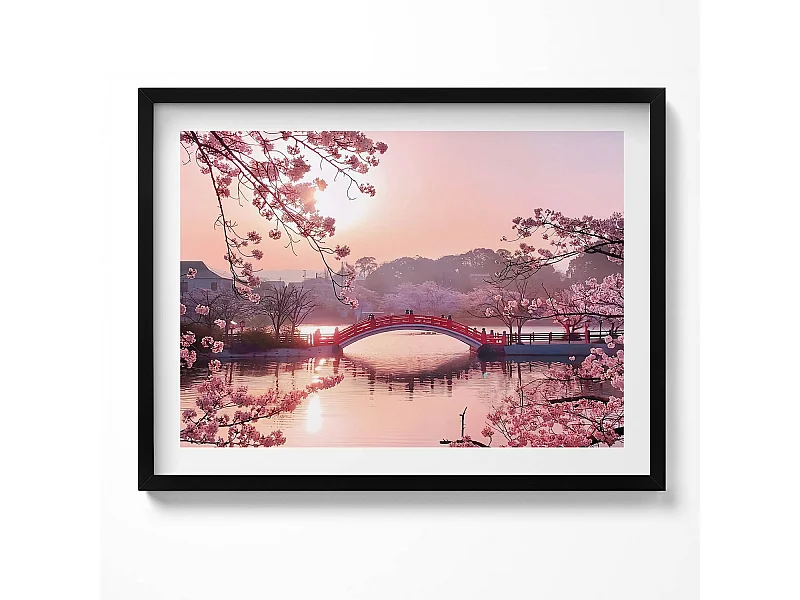 Dekoratives Gemälde mit schwarzem Rahmen, Kirschblüten und Brücke – japanischer Stil 80 x 60 cm – perfekt für das Wohn- oder Schlafzimmer