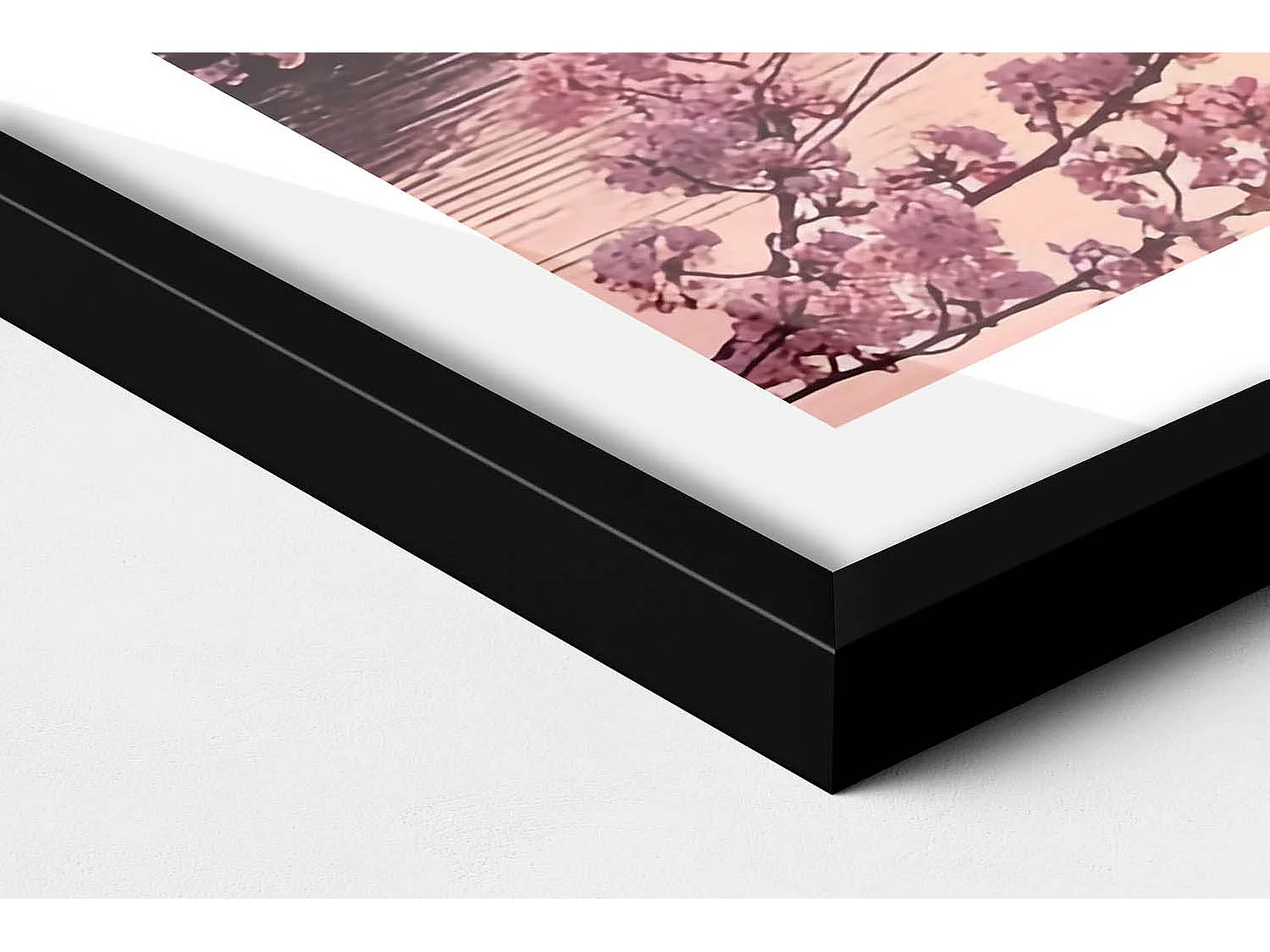 Dekoratives Gemälde mit schwarzem Rahmen, Kirschblüten und Brücke – japanischer Stil 80 x 60 cm – perfekt für das Wohn- oder Schlafzimmer