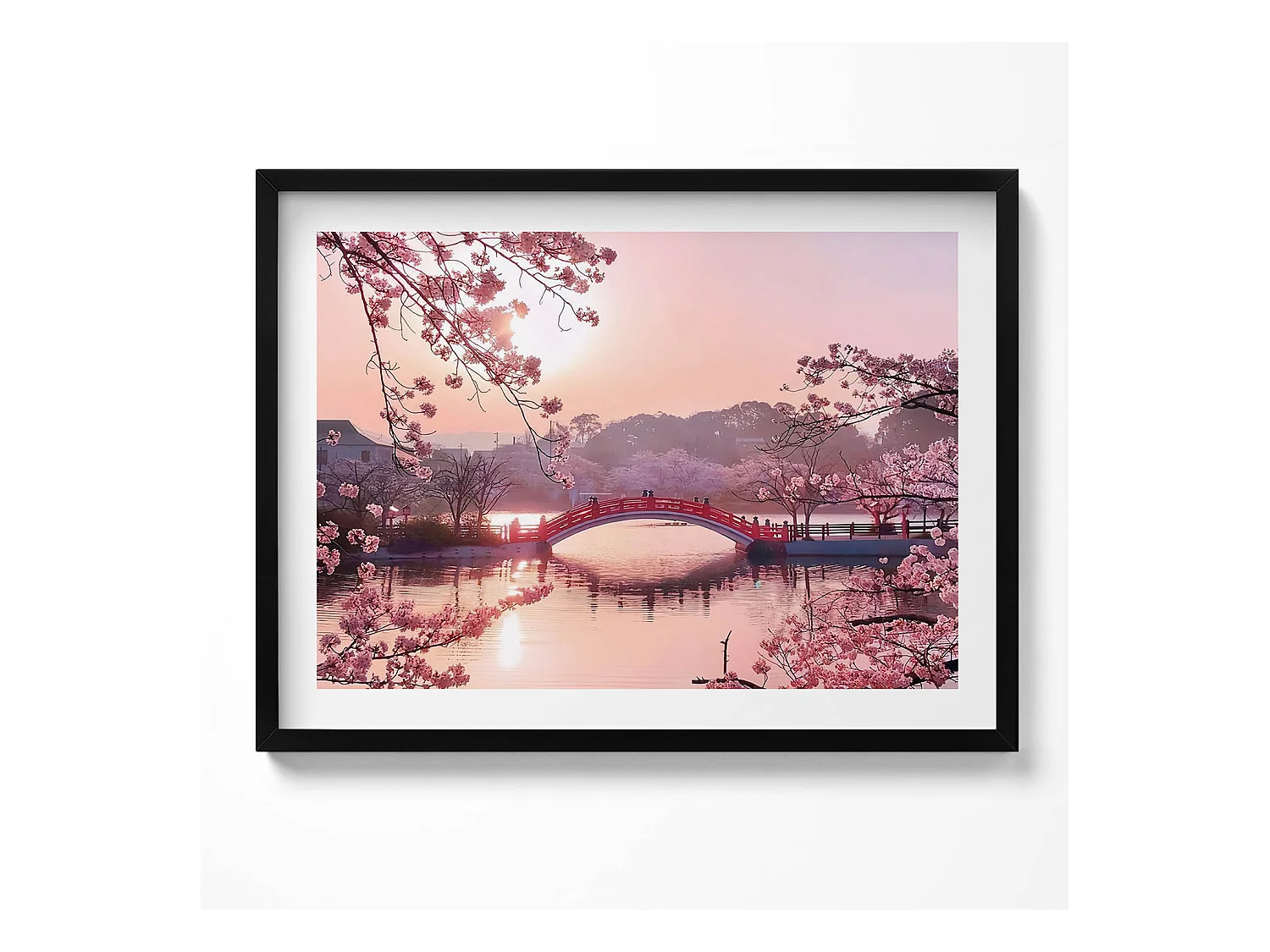 Tableau décoratif avec cadre noir, Fleurs de cerisier et pont - style japonais 80 x 60 cm– Parfait pour le salon ou la chambre