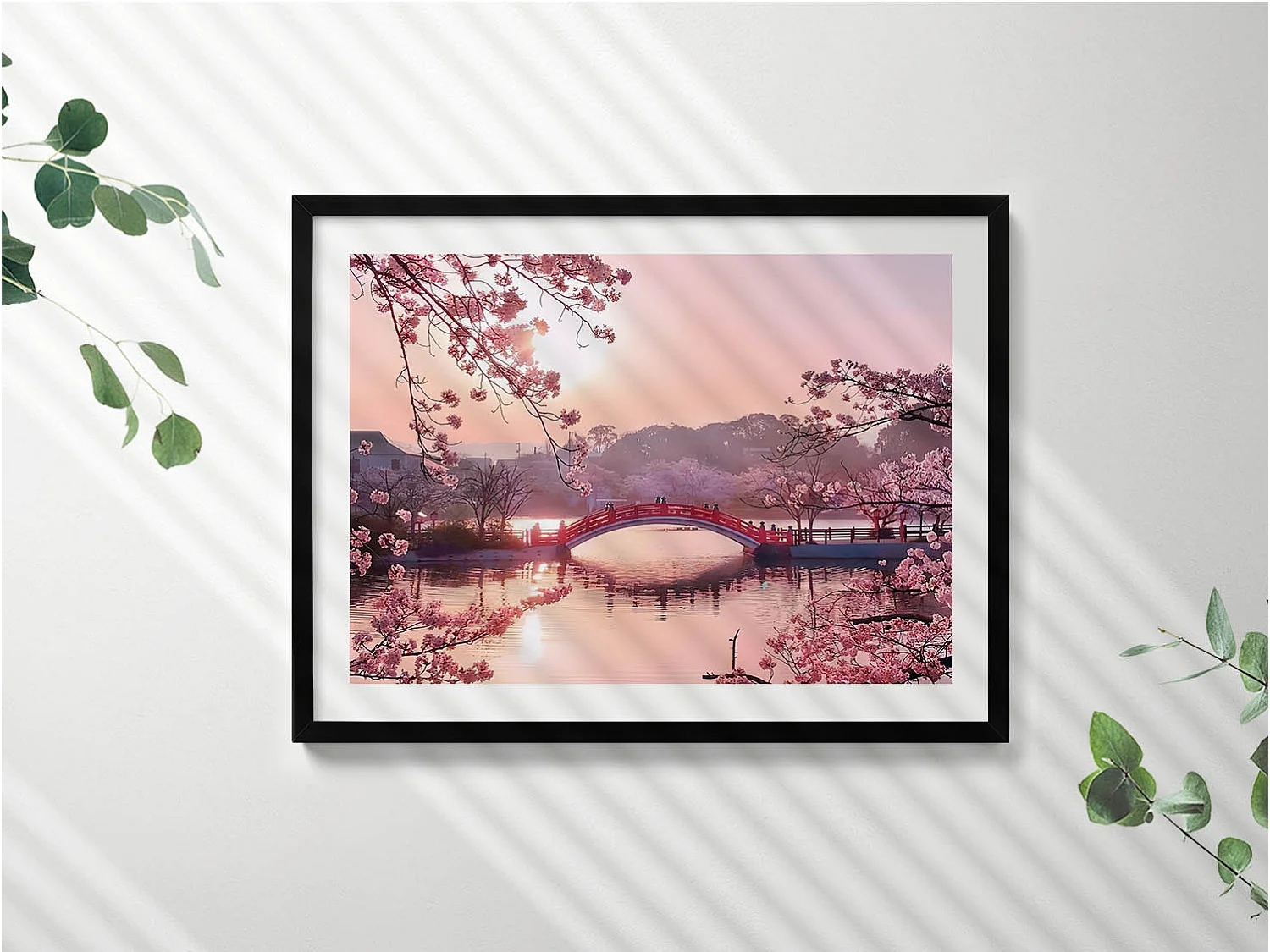 Dekoratives Gemälde mit schwarzem Rahmen, Kirschblüten und Brücke – japanischer Stil 80 x 60 cm – perfekt für das Wohn- oder Schlafzimmer