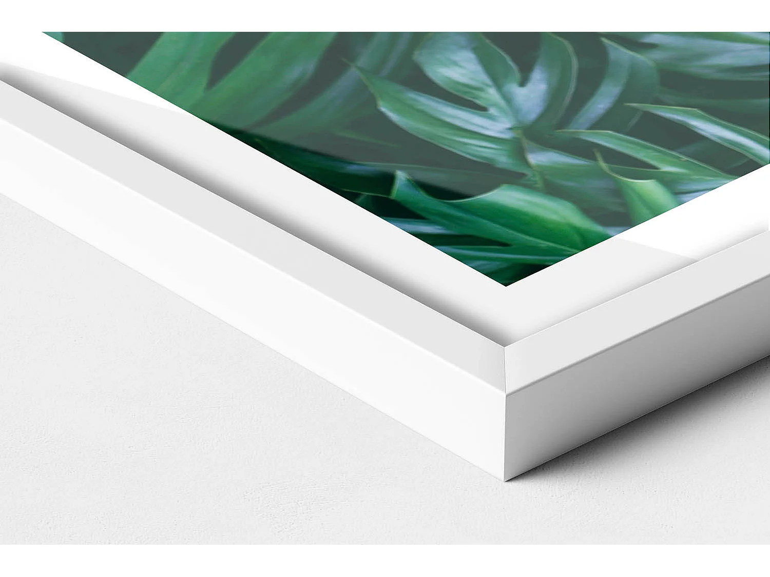 Dekoratives Gemälde mit weißem Rahmen, Tropische Natur – Monstera-Blätter 60 x 40 cm – Perfekt für das Wohn- oder Schlafzimmer