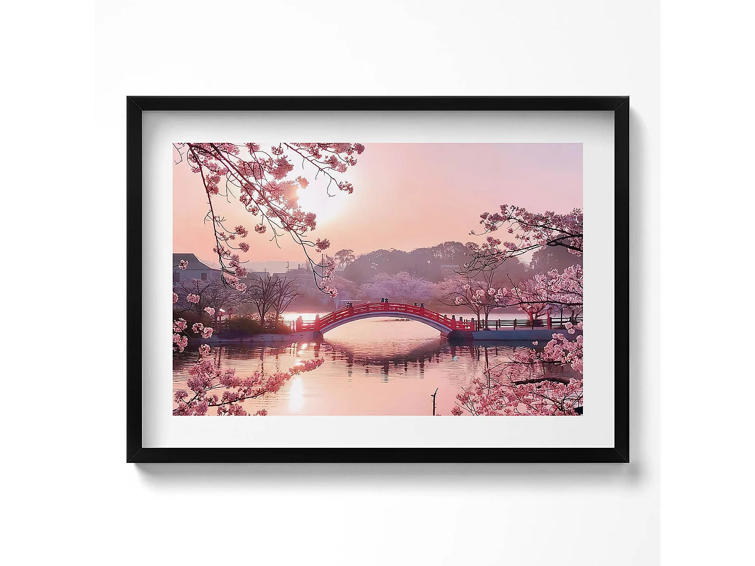 Dekoratives Gemälde mit schwarzem Rahmen, Kirschblüten und Brücke – japanischer Stil 70 x 50 cm – perfekt für das Wohn- oder Schlafzimmer