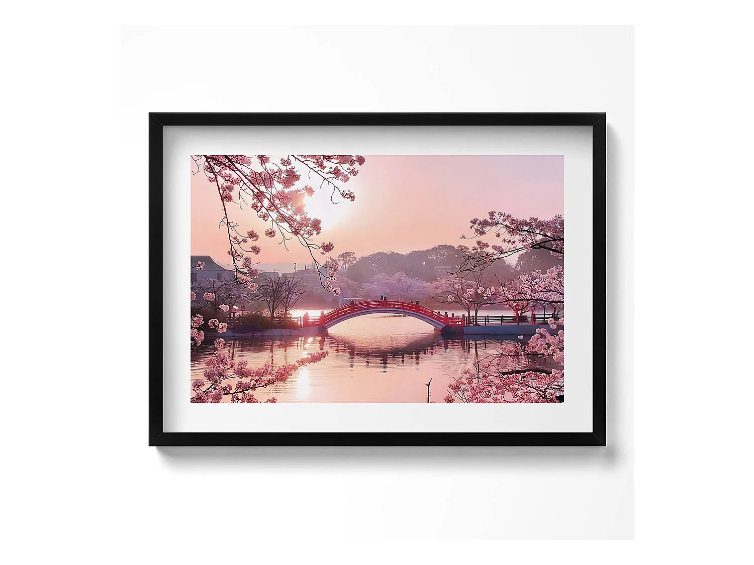 Tableau décoratif avec cadre noir, Fleurs de cerisier et pont - style japonais 70 x 50 cm– Parfait pour le salon ou la chambre
