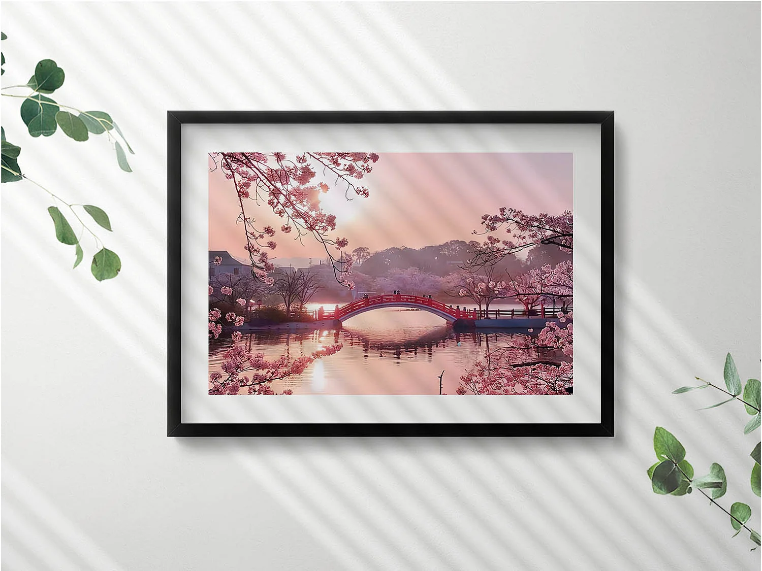 Dekoratives Gemälde mit schwarzem Rahmen, Kirschblüten und Brücke – japanischer Stil 70 x 50 cm – perfekt für das Wohn- oder Schlafzimmer