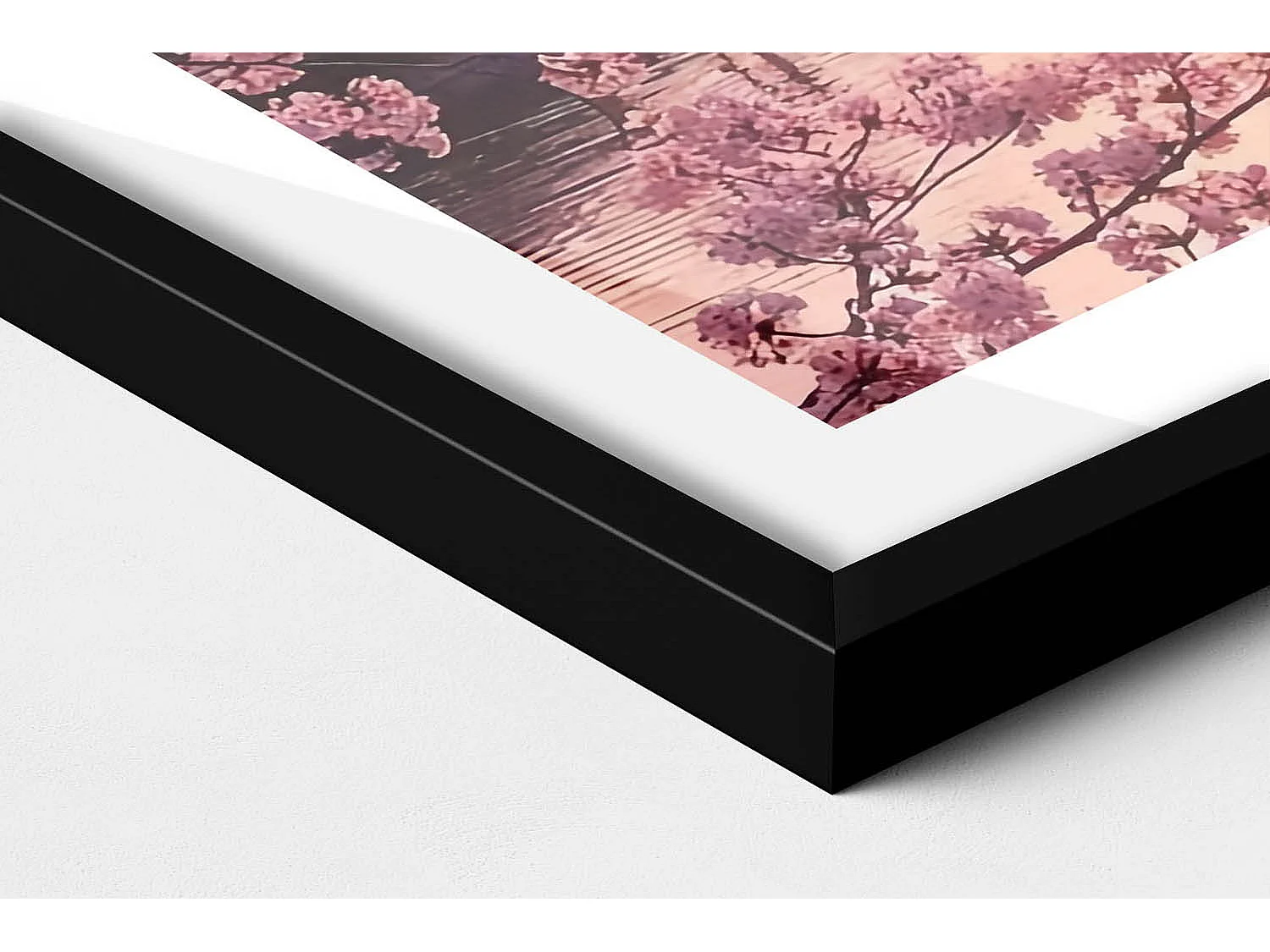 Dekoratives Gemälde mit schwarzem Rahmen, Kirschblüten und Brücke – japanischer Stil 70 x 50 cm – perfekt für das Wohn- oder Schlafzimmer