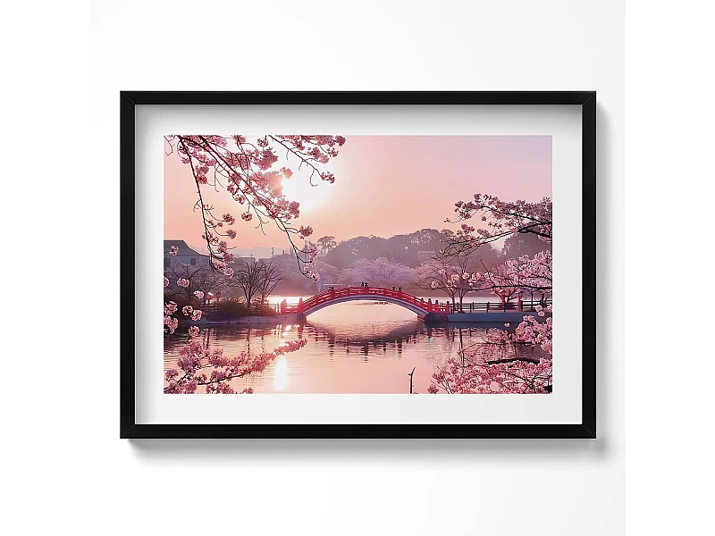 Dekoratives Gemälde mit schwarzem Rahmen, Kirschblüten und Brücke – japanischer Stil 70 x 50 cm – perfekt für das Wohn- oder Schlafzimmer