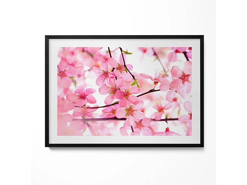 Dekoratives Gemälde mit schwarzem Rahmen, Rosa Frühlingsblumen auf den Zweigen 100 x 70 cm – Perfekt für das Wohn- oder Schlafzimmer