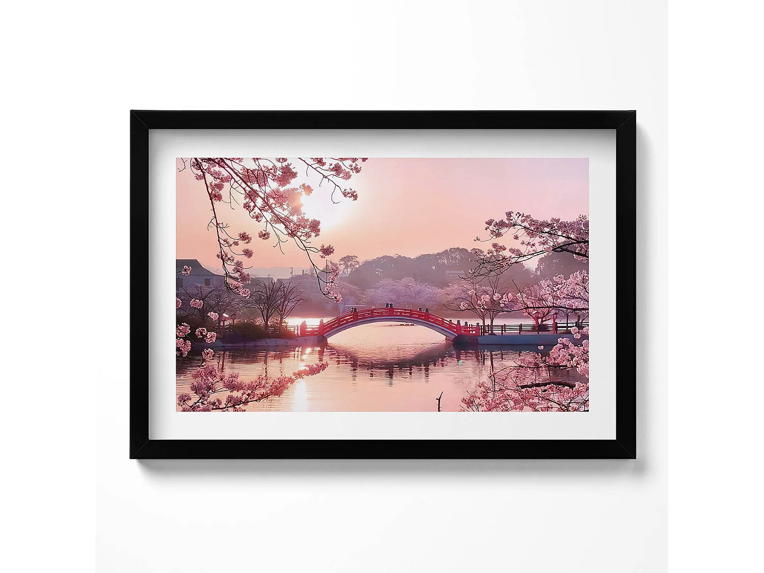 Tableau décoratif avec cadre noir, Fleurs de cerisier et pont - style japonais 60 x 40 cm– Parfait pour le salon ou la chambre