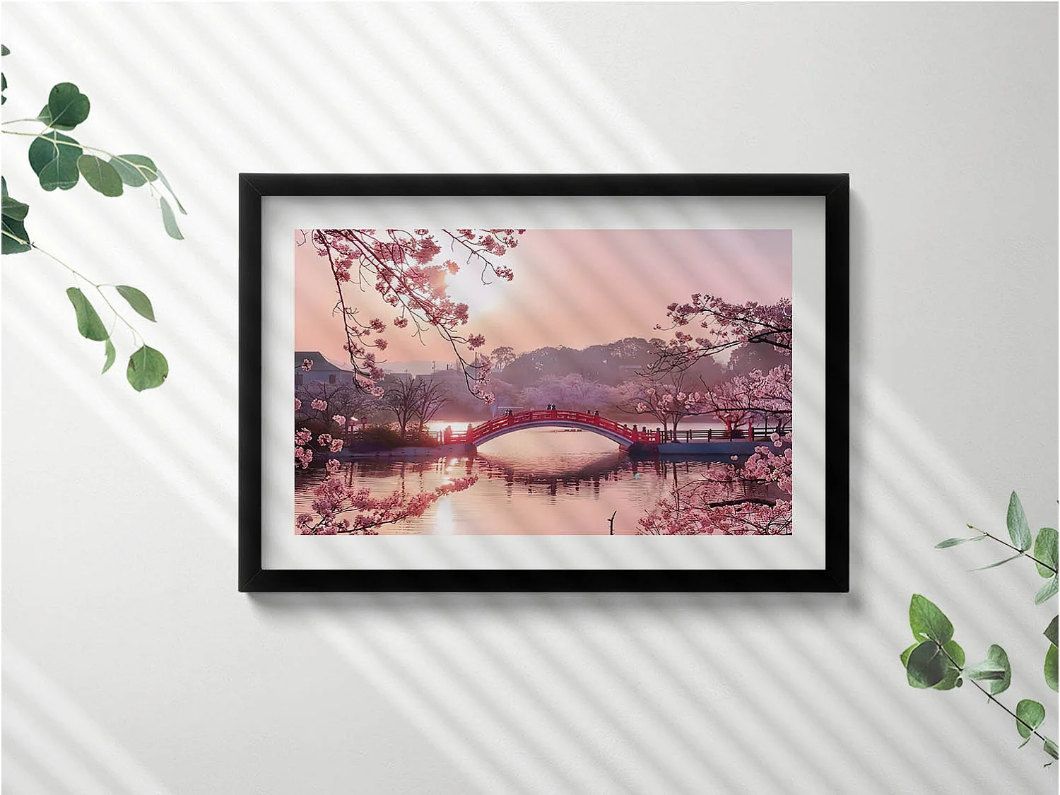 Tableau décoratif avec cadre noir, Fleurs de cerisier et pont - style japonais 60 x 40 cm– Parfait pour le salon ou la chambre