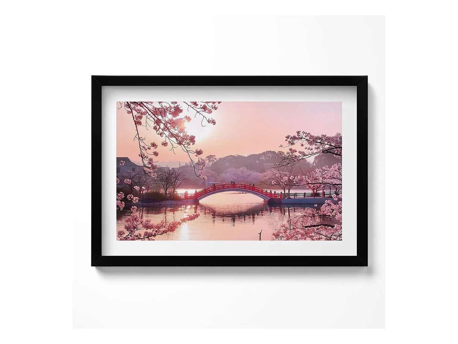 Tableau décoratif avec cadre noir, Fleurs de cerisier et pont - style japonais 60 x 40 cm– Parfait pour le salon ou la chambre