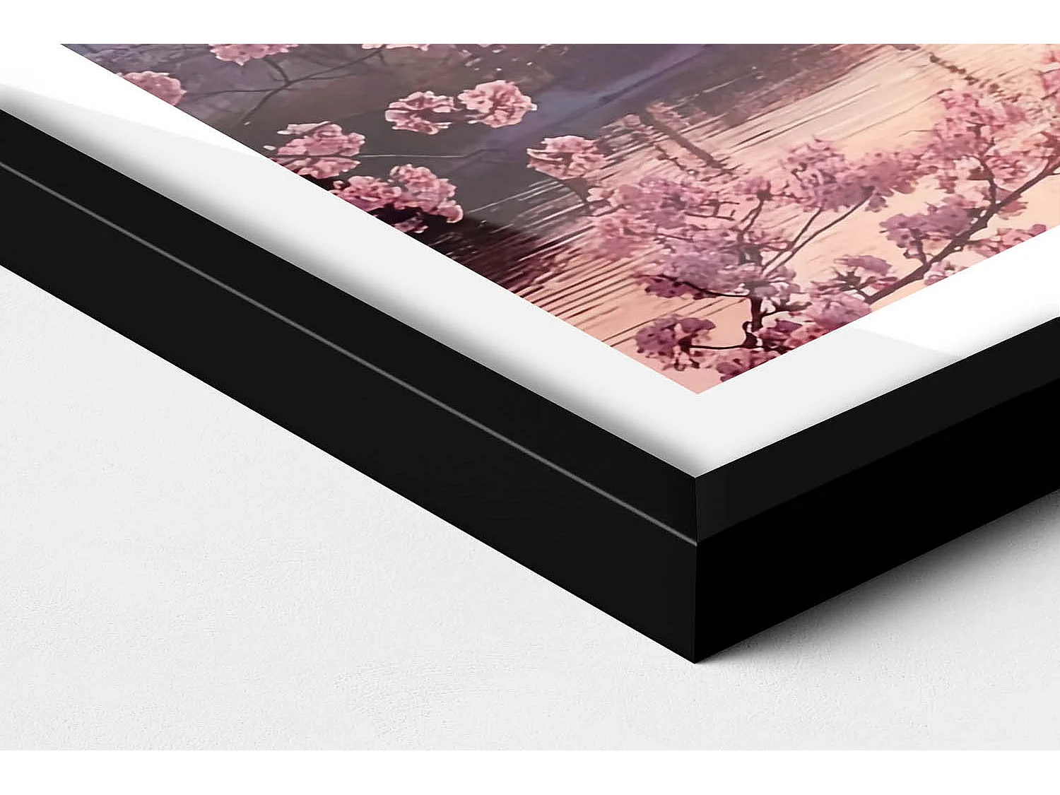 Dekoratives Gemälde mit schwarzem Rahmen, Kirschblüten und Brücke – japanischer Stil 60 x 40 cm – perfekt für das Wohn- oder Schlafzimmer