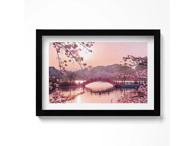 Dekoratives Gemälde mit schwarzem Rahmen, Kirschblüten und Brücke – japanischer Stil 30 x 20 cm – perfekt für das Wohn- oder Schlafzimmer