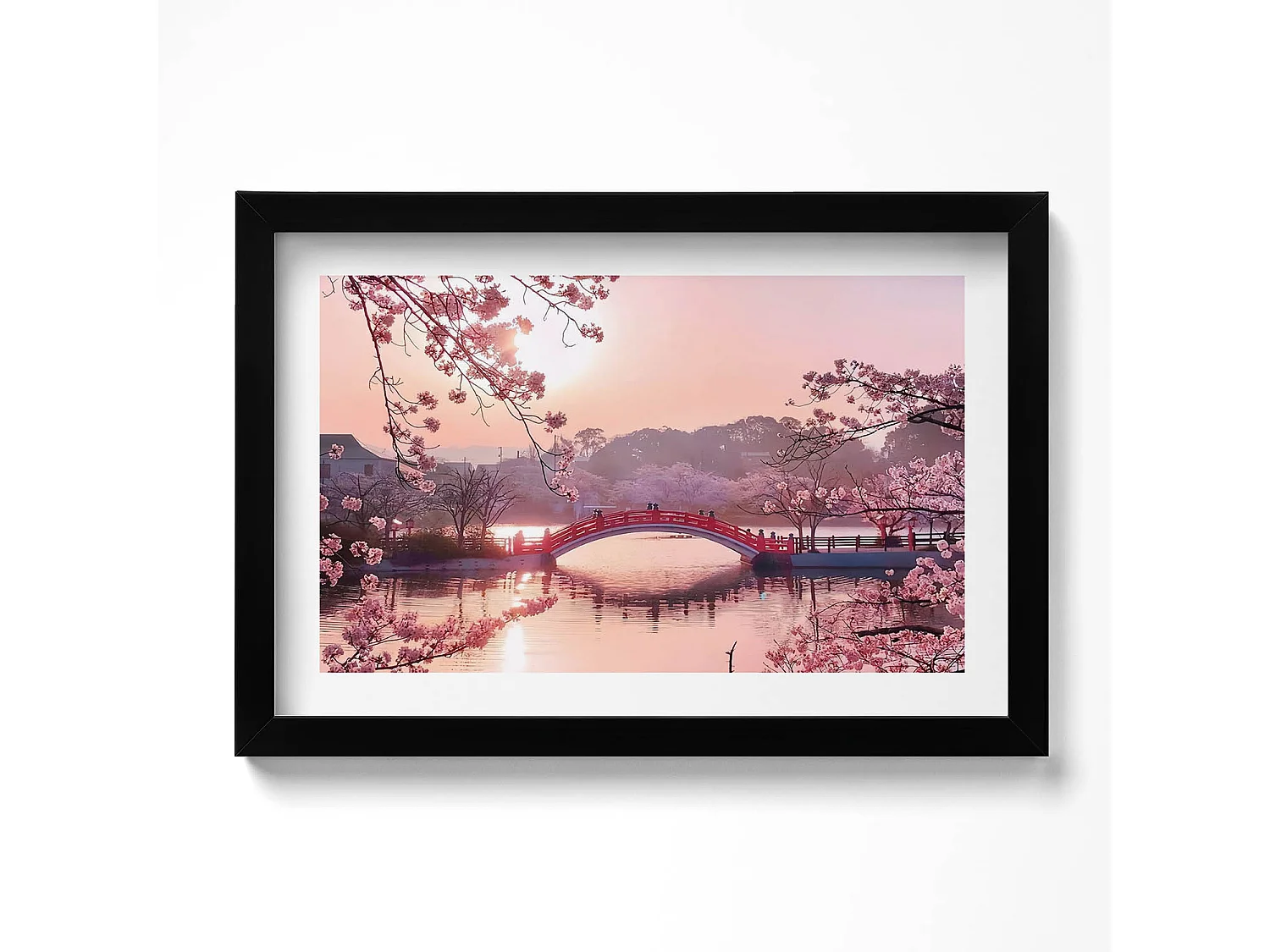 Dekoratives Gemälde mit schwarzem Rahmen, Kirschblüten und Brücke – japanischer Stil 30 x 20 cm – perfekt für das Wohn- oder Schlafzimmer