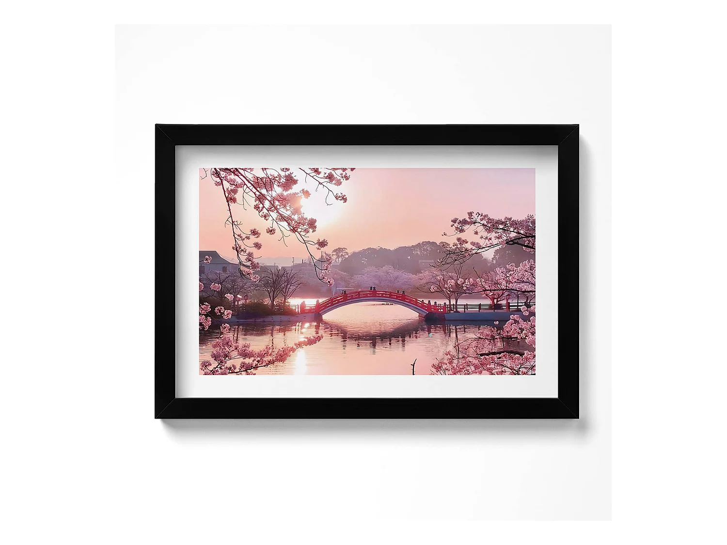 Tableau décoratif avec cadre noir, Fleurs de cerisier et pont - style japonais 30 x 20 cm – Parfait pour le salon ou la chambre