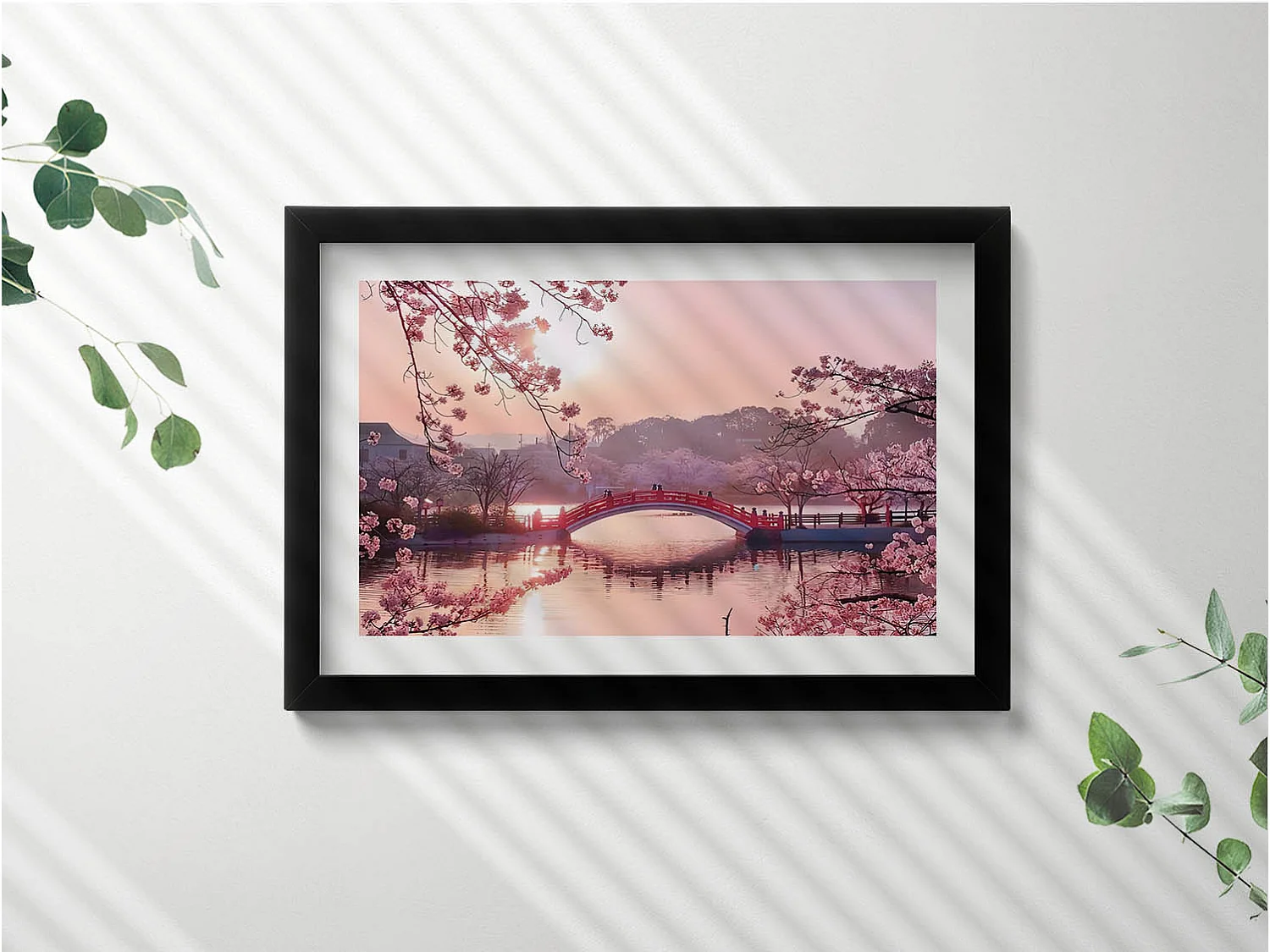 Dekoratives Gemälde mit schwarzem Rahmen, Kirschblüten und Brücke – japanischer Stil 30 x 20 cm – perfekt für das Wohn- oder Schlafzimmer