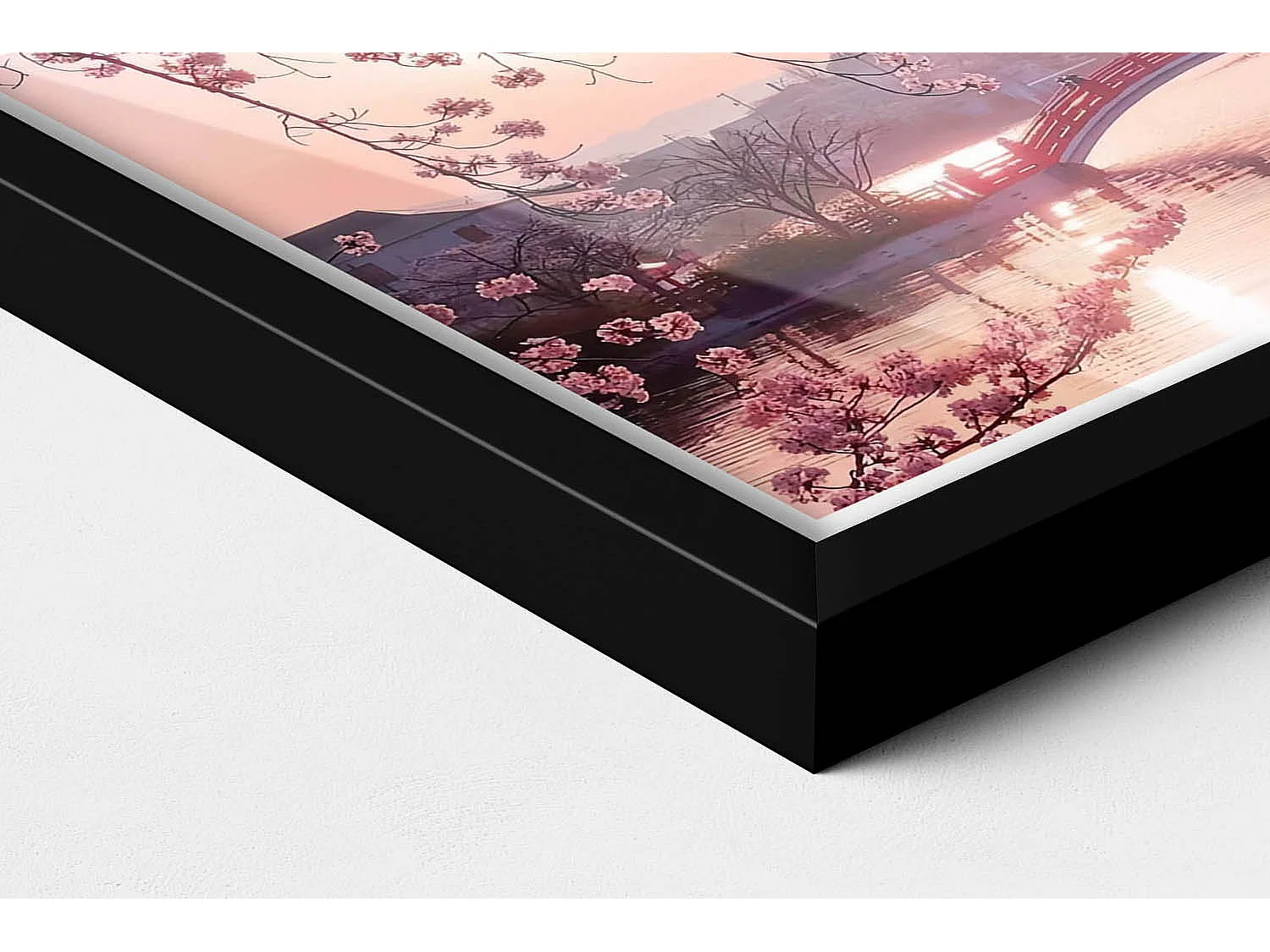 Dekoratives Gemälde mit schwarzem Rahmen, Kirschblüten und Brücke – japanischer Stil 30 x 20 cm – perfekt für das Wohn- oder Schlafzimmer