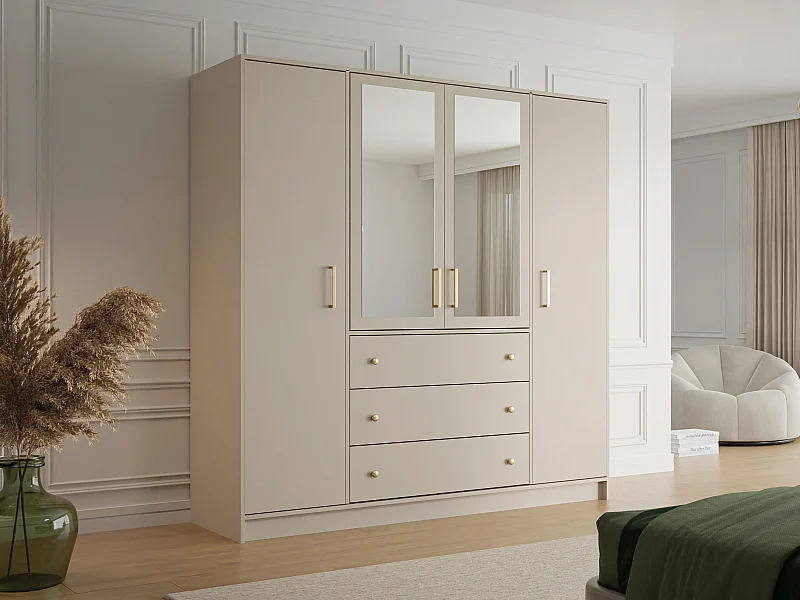 Kleiderschrank mit 4 Türen & 3 Schubladen - Mit Spiegel - 196 cm - Beige & Goldfarben - LIZANDRO