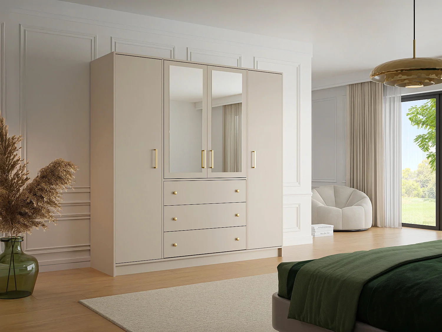 Armoire 4 portes et 3 tiroirs - Avec miroirs - L196 cm - Beige et doré - LIZANDRO
