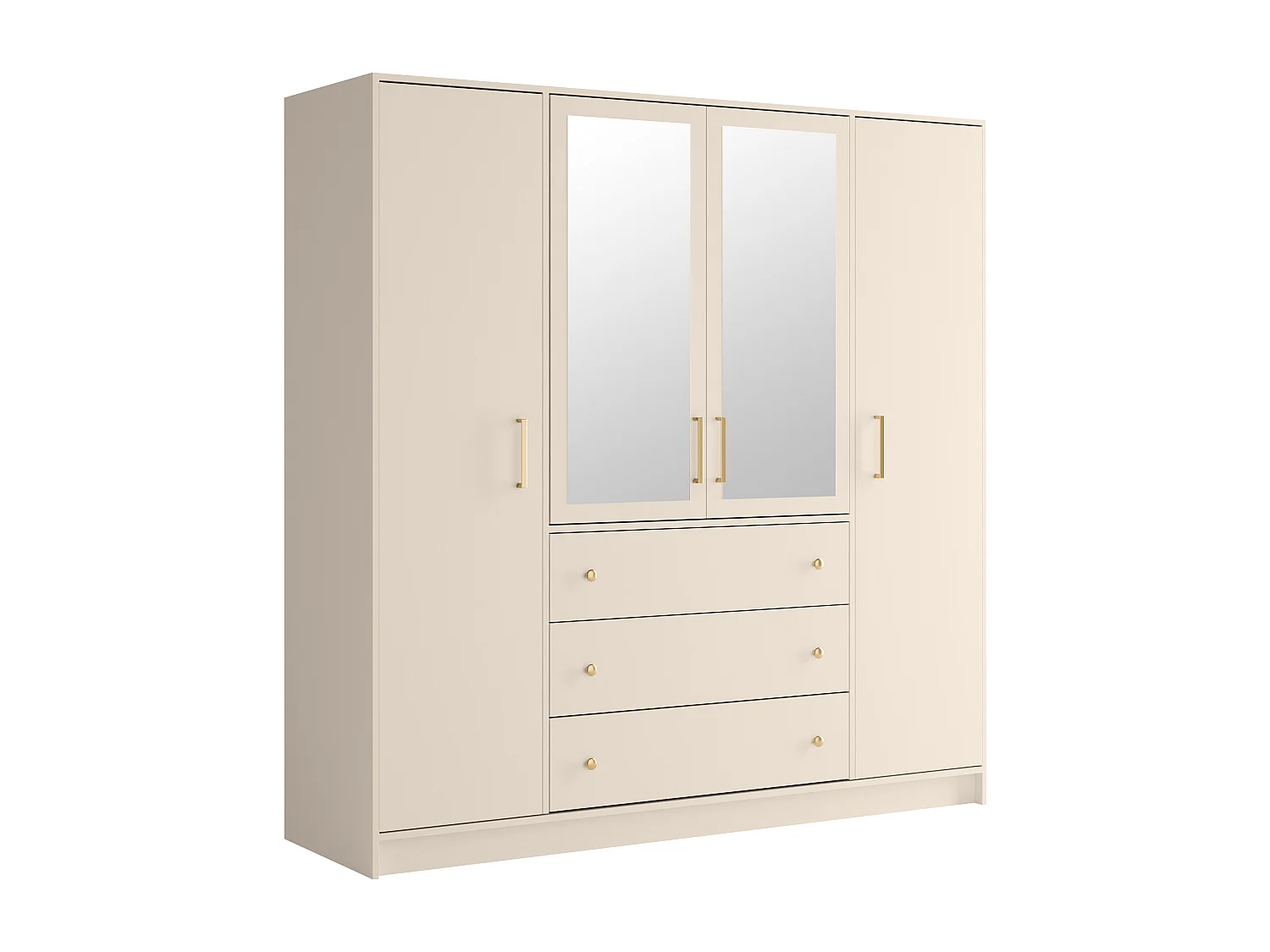 Armoire 4 portes et 3 tiroirs - Avec miroirs - L196 cm - Beige et doré - LIZANDRO