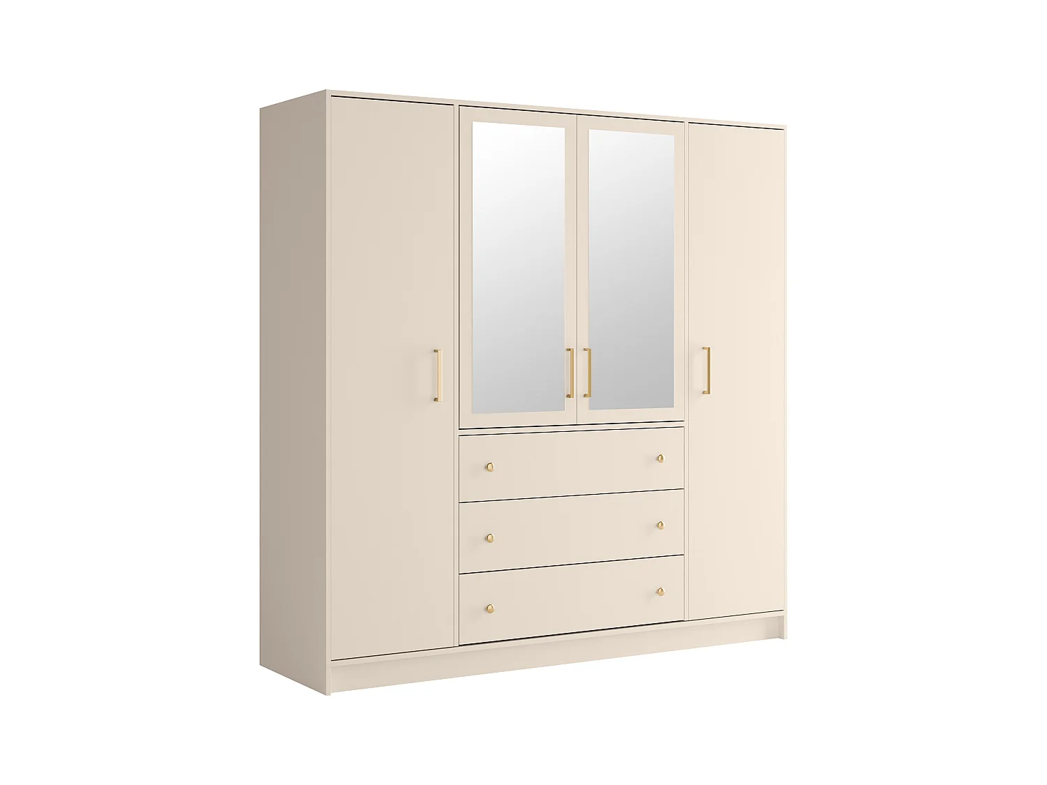 Armario 4 puertas y 3 cajones - Con espejos - L196 cm - Beige y dorado - LIZANDRO