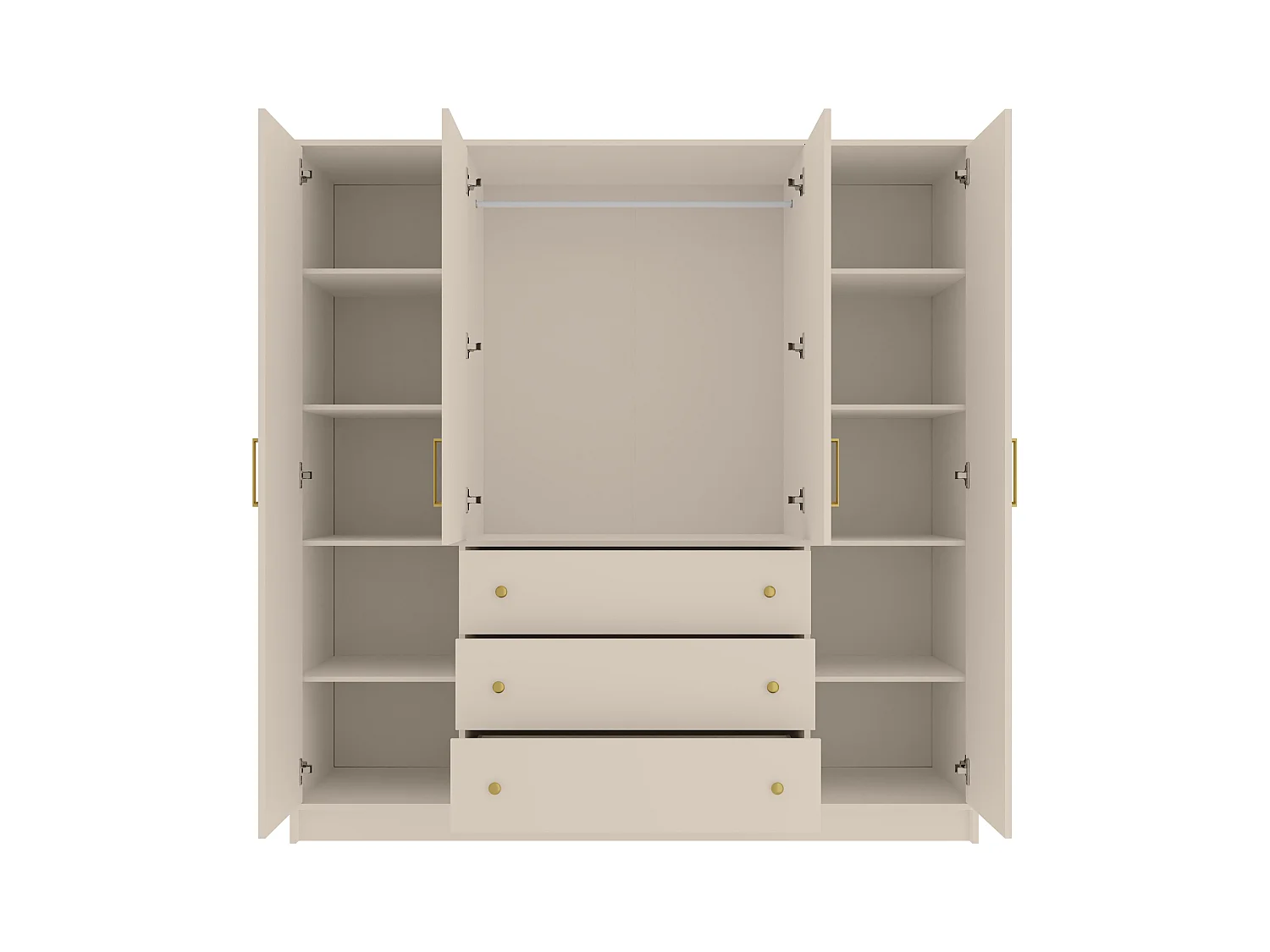 Armario 4 puertas y 3 cajones - Con espejos - L196 cm - Beige y dorado - LIZANDRO