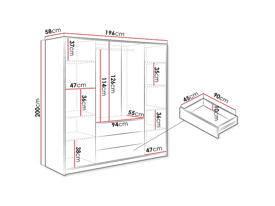 Armario 4 puertas y 3 cajones - Con espejos - L196 cm - Beige y dorado - LIZANDRO