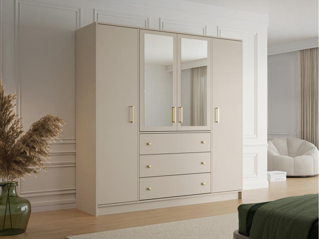 Armadio 4 ante e 3 cassetti Con specchi L196 cm Beige e Dorato - LIZANDRO