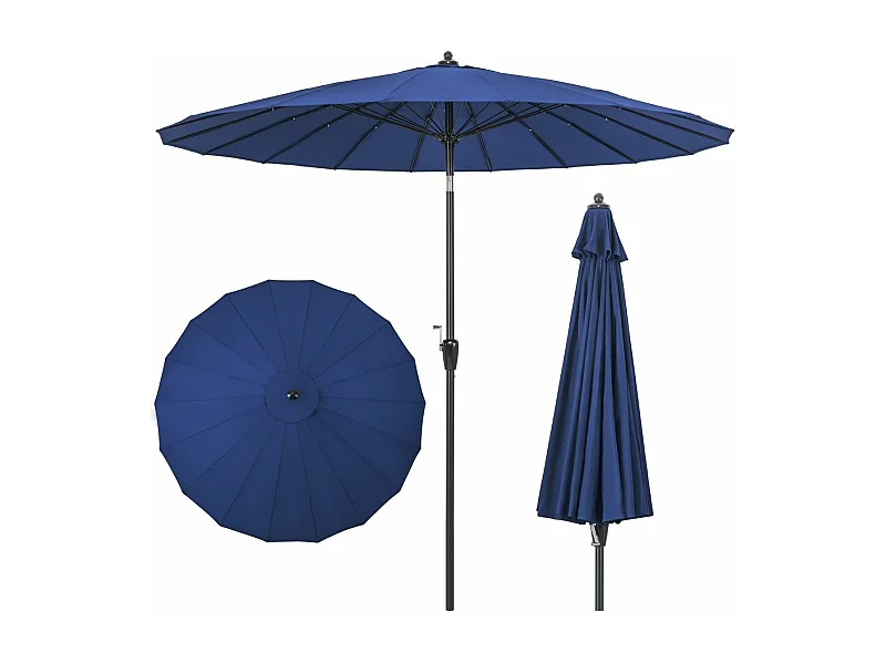 Parasol de Jardin Rond Ø 265CM, Parasol avec 18 Baleines en Fibre de Verre avec Manivelle et Mécanisme d'Inclinaison, Parasol de Terrasse avec Toile Résistante et Poteau en Aluminium (Bleu)