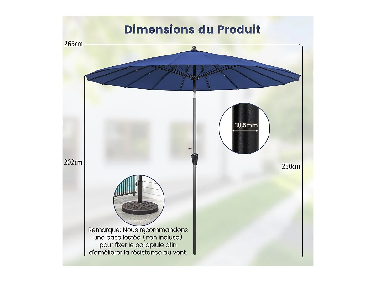 Parasol de Jardin Rond Ø 265CM, Parasol avec 18 Baleines en Fibre de Verre avec Manivelle et Mécanisme d'Inclinaison, Parasol de Terrasse avec Toile Résistante et Poteau en Aluminium (Bleu)