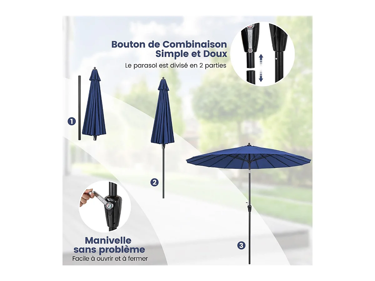 Parasol de Jardin Rond Ø 265CM, Parasol avec 18 Baleines en Fibre de Verre avec Manivelle et Mécanisme d'Inclinaison, Parasol de Terrasse avec Toile Résistante et Poteau en Aluminium (Bleu)