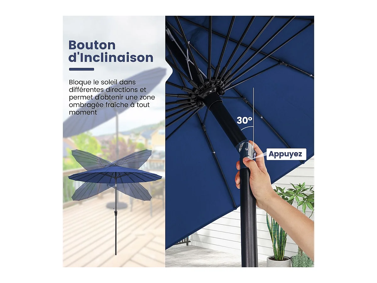 Parasol de Jardin Rond Ø 265CM, Parasol avec 18 Baleines en Fibre de Verre avec Manivelle et Mécanisme d'Inclinaison, Parasol de Terrasse avec Toile Résistante et Poteau en Aluminium (Bleu)