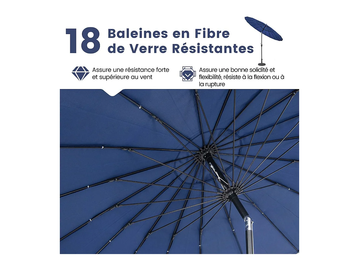 Parasol de Jardin Rond Ø 265CM, Parasol avec 18 Baleines en Fibre de Verre avec Manivelle et Mécanisme d'Inclinaison, Parasol de Terrasse avec Toile Résistante et Poteau en Aluminium (Bleu)