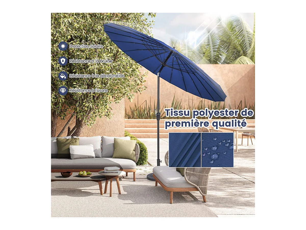 Parasol de Jardin Rond Ø 265CM, Parasol avec 18 Baleines en Fibre de Verre avec Manivelle et Mécanisme d'Inclinaison, Parasol de Terrasse avec Toile Résistante et Poteau en Aluminium (Bleu)