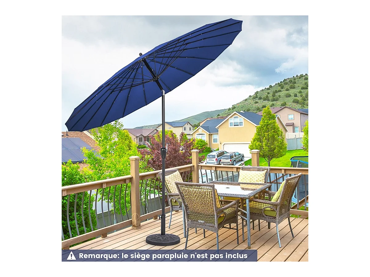 Parasol de Jardin Rond Ø 265CM, Parasol avec 18 Baleines en Fibre de Verre avec Manivelle et Mécanisme d'Inclinaison, Parasol de Terrasse avec Toile Résistante et Poteau en Aluminium (Bleu)