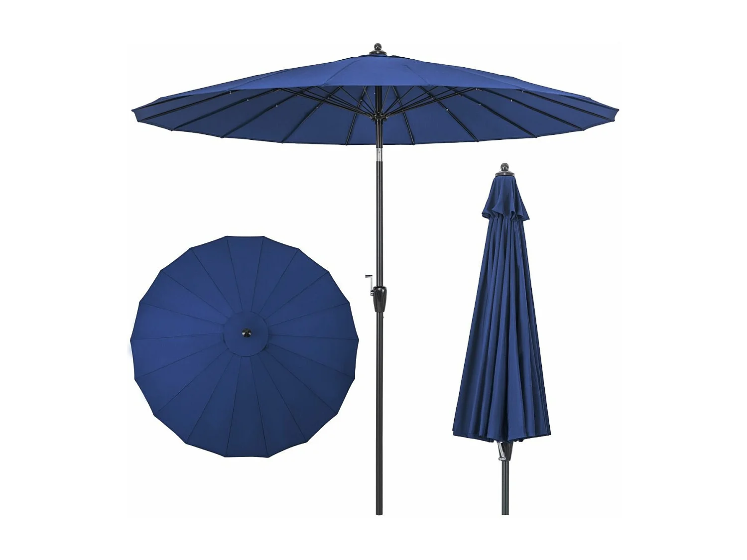 Parasol de Jardin Rond Ø 265CM, Parasol avec 18 Baleines en Fibre de Verre avec Manivelle et Mécanisme d'Inclinaison, Parasol de Terrasse avec Toile Résistante et Poteau en Aluminium (Bleu)
