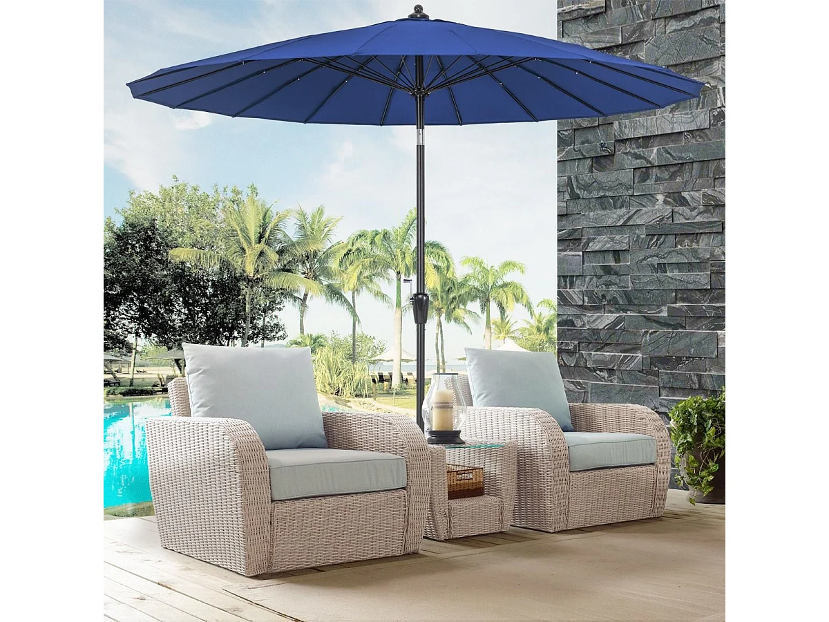 Parasol de Jardin Rond Ø 265CM, Parasol avec 18 Baleines en Fibre de Verre avec Manivelle et Mécanisme d'Inclinaison, Parasol de Terrasse avec Toile Résistante et Poteau en Aluminium (Bleu)