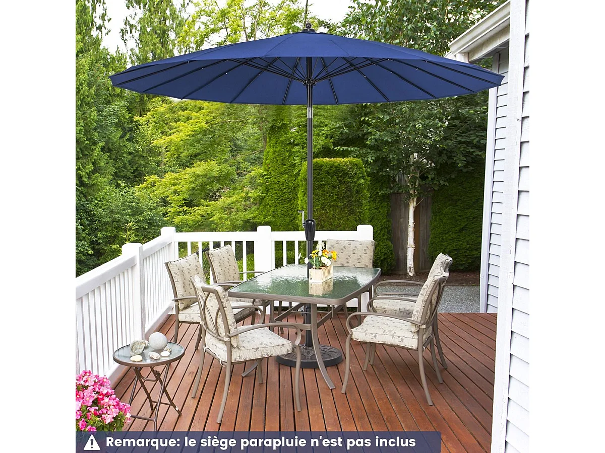 Parasol de Jardin Rond Ø 265CM, Parasol avec 18 Baleines en Fibre de Verre avec Manivelle et Mécanisme d'Inclinaison, Parasol de Terrasse avec Toile Résistante et Poteau en Aluminium (Bleu)